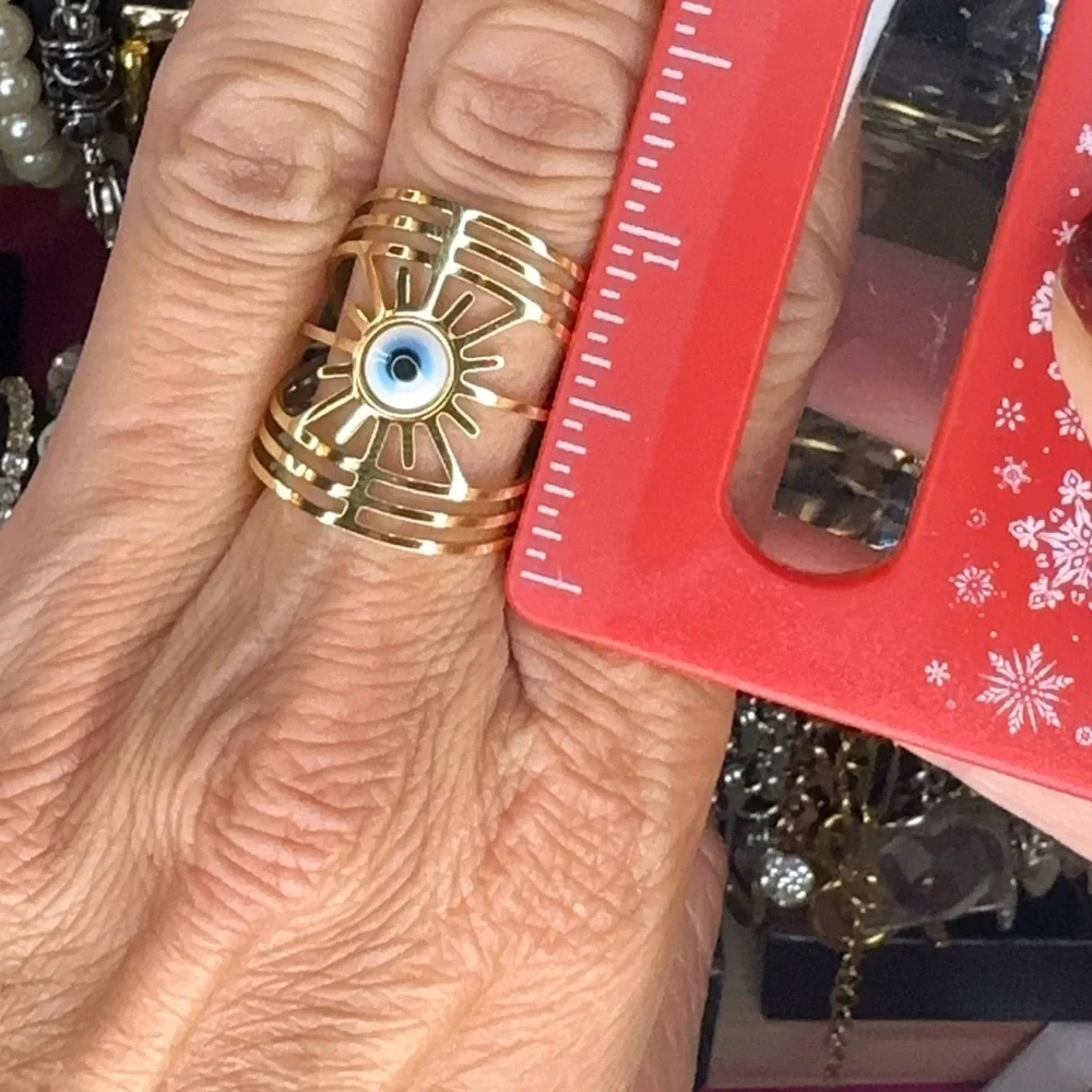 Gold Plated Stainless Steel Statement Evil Eye Ring Sunburst Design Adjustable
